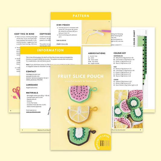 A crochet pattern booklet for a crochet medium-sized fruit slice pouch with a loop in the designs of a watermelon, lemon and kiwi