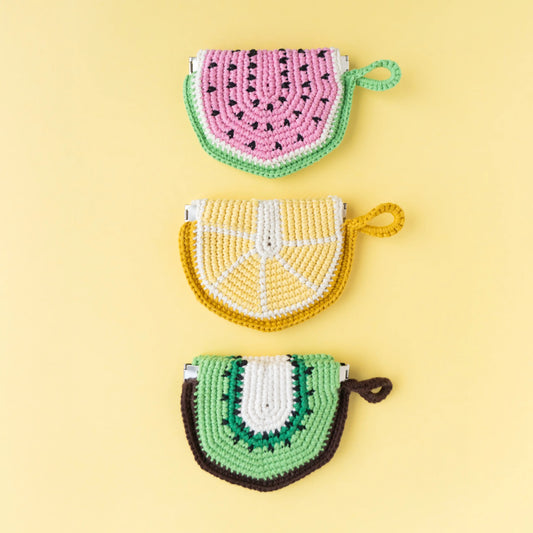 Crochet medium-sized fruit slice pouch with a loop in the designs of a watermelon, lemon and kiwi