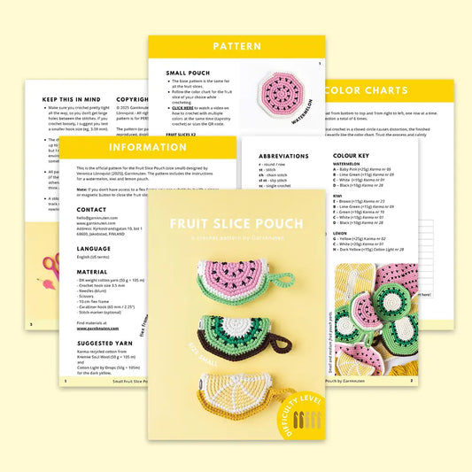 Crochet PDF pattern booklet for 3 small crocheted fruit slice pouches with loops in the designs of a watermelon, kiwi and lime