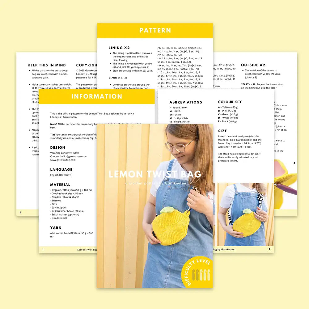 A corhcet pattern booklet for a yellow crochet lemon cross-body bag with zipper and a black and white striped bag strap