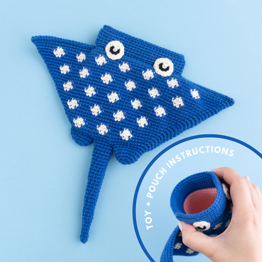 Crochet blue stingray amigurumi pouch pattern