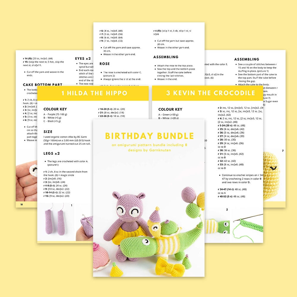 Birthday bundle (hippo, crocodile, snail) | crochet amigurumi PDF pattern
