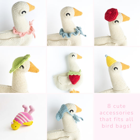 Crochet bird bag accessories modelled on goose