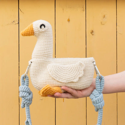 Crochet white goose bird bag with blue bag strap 