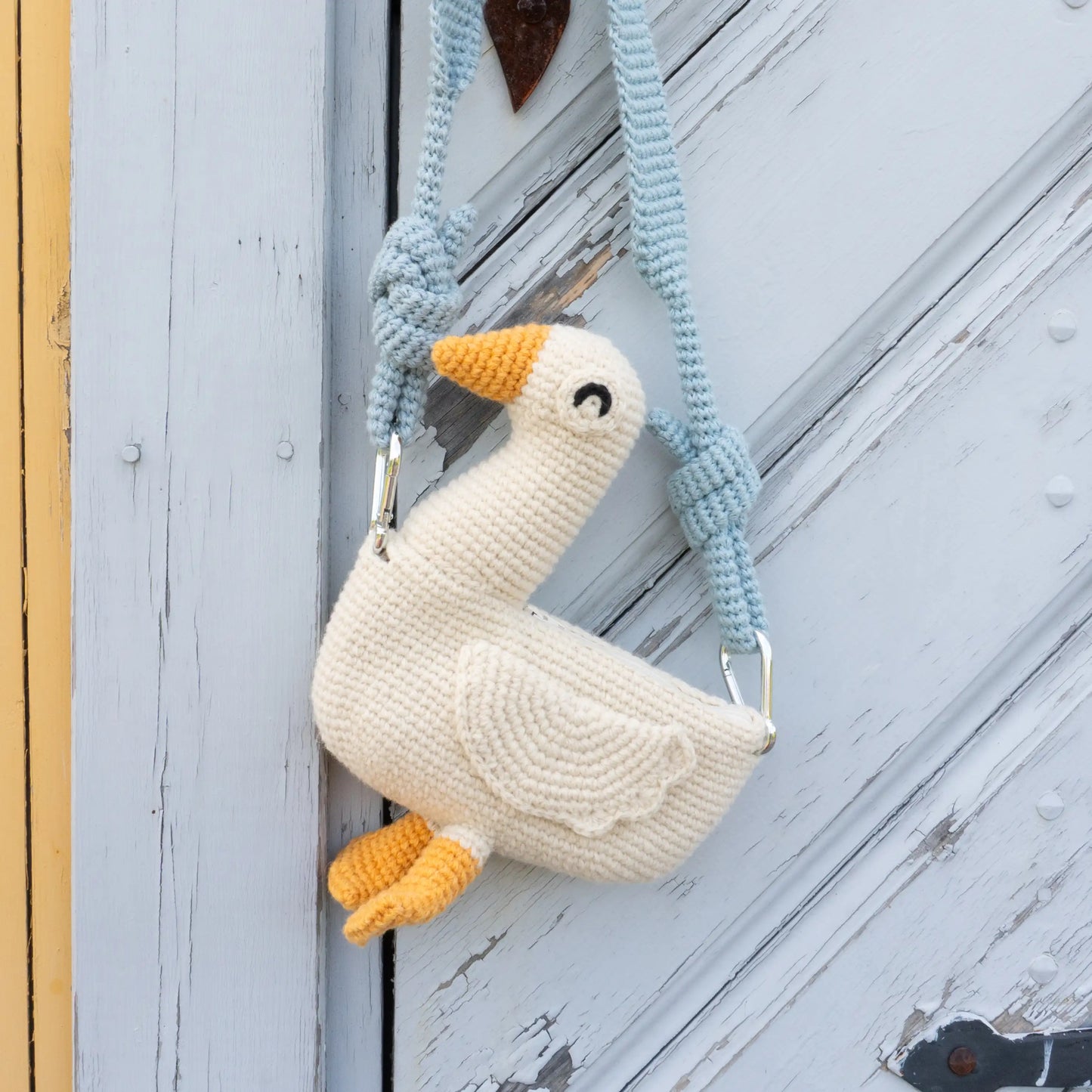 Crochet white goose bird bag with blue bag strap 