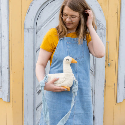 Crochet white goose bird bag with blue bag strap 
