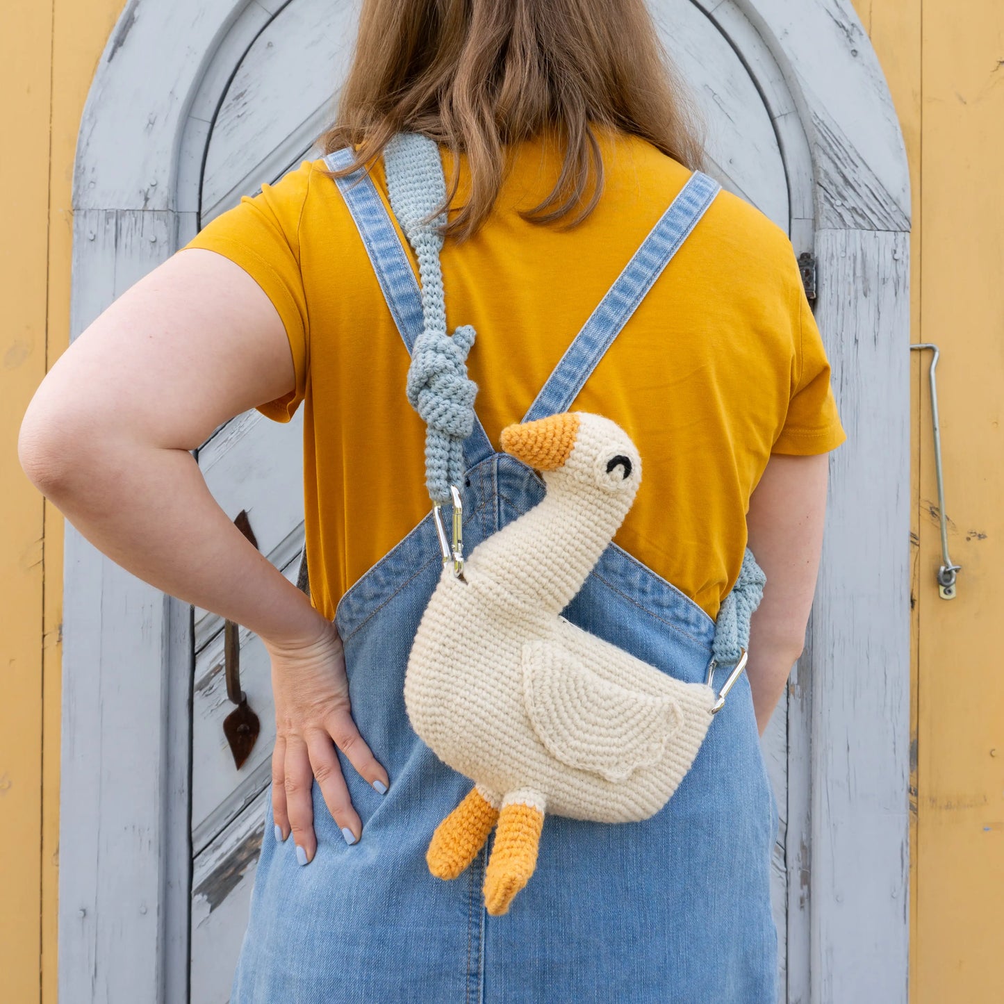 Crochet white goose bird bag with blue bag strap 