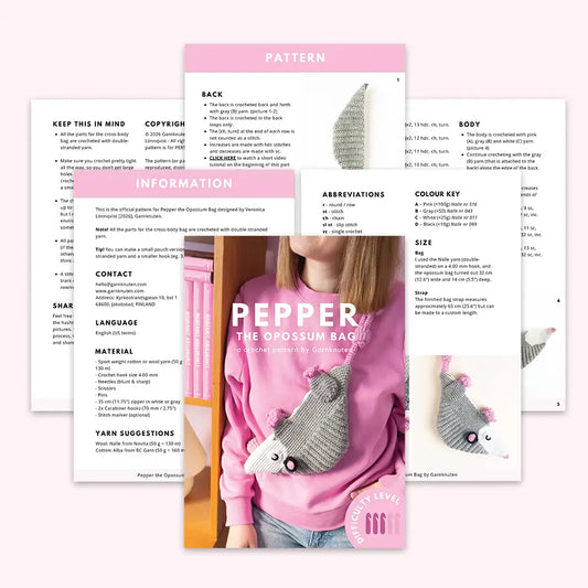 Gray crochet opossum bag pattern